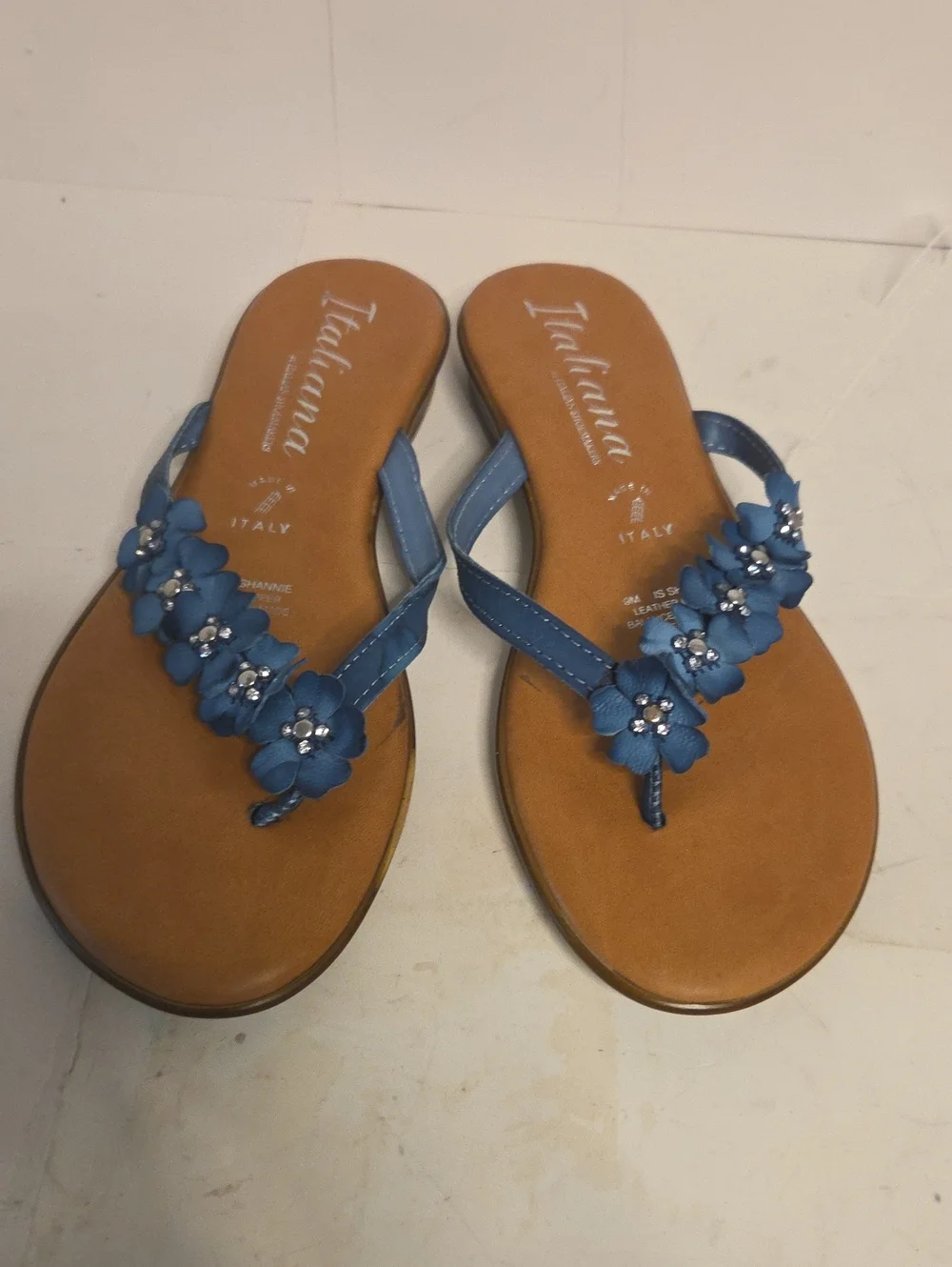 Italian Shoemakers Blue Floral Toe-Post Sandals with Crystal Centers